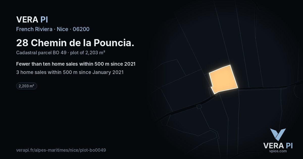 28 Chemin de la Pouncia, Nice at night – the plot lit, the parcels around coloured by the prices near them