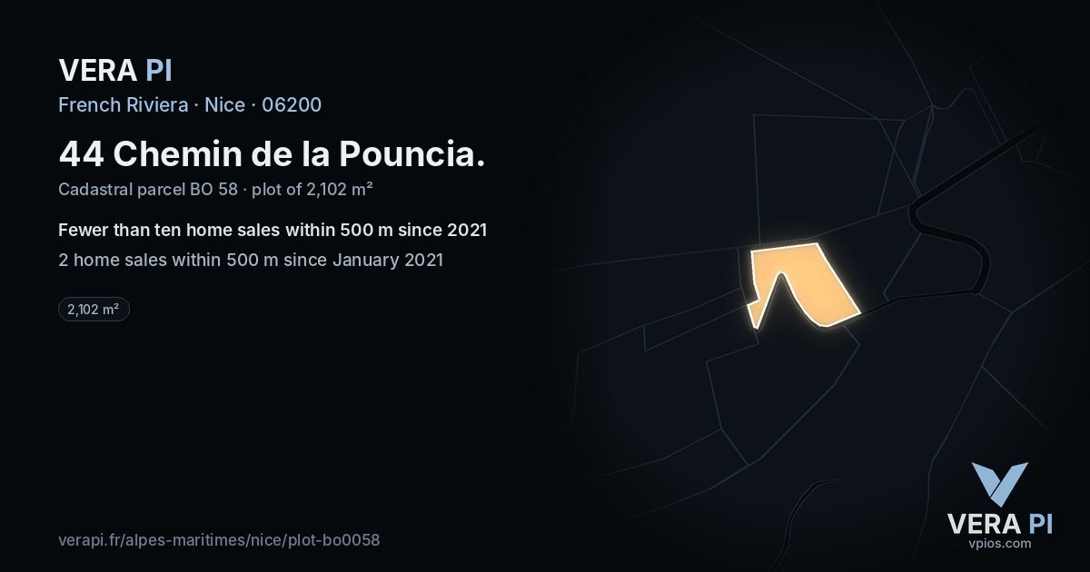 44 Chemin de la Pouncia, Nice at night – the plot lit, the parcels around coloured by the prices near them