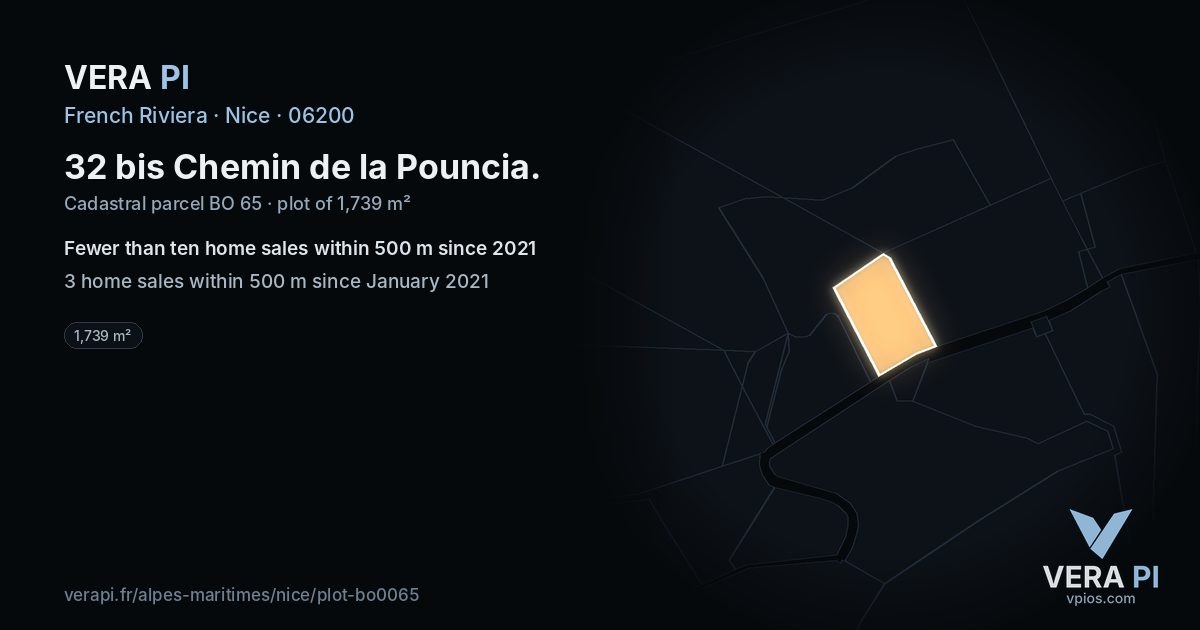 32 bis Chemin de la Pouncia, Nice at night – the plot lit, the parcels around coloured by the prices near them