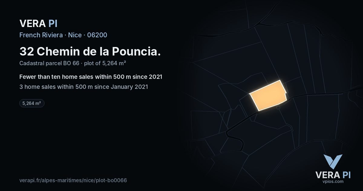 32 Chemin de la Pouncia, Nice at night – the plot lit, the parcels around coloured by the prices near them