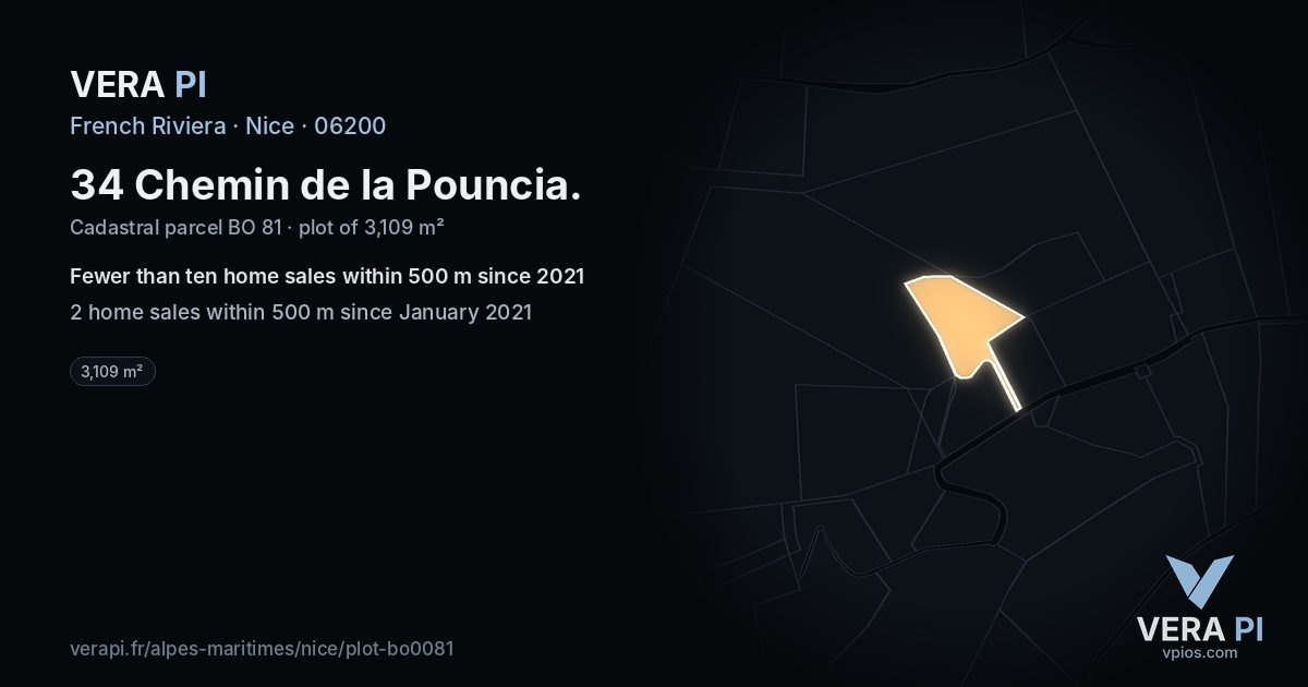 34 Chemin de la Pouncia, Nice at night – the plot lit, the parcels around coloured by the prices near them