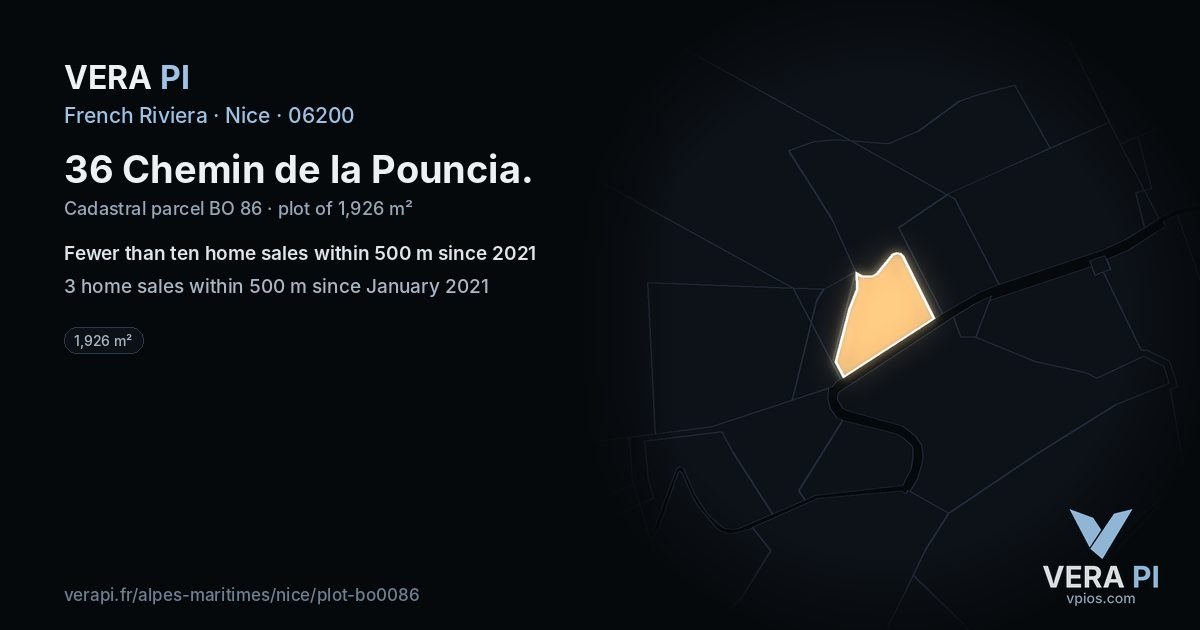 36 Chemin de la Pouncia, Nice at night – the plot lit, the parcels around coloured by the prices near them