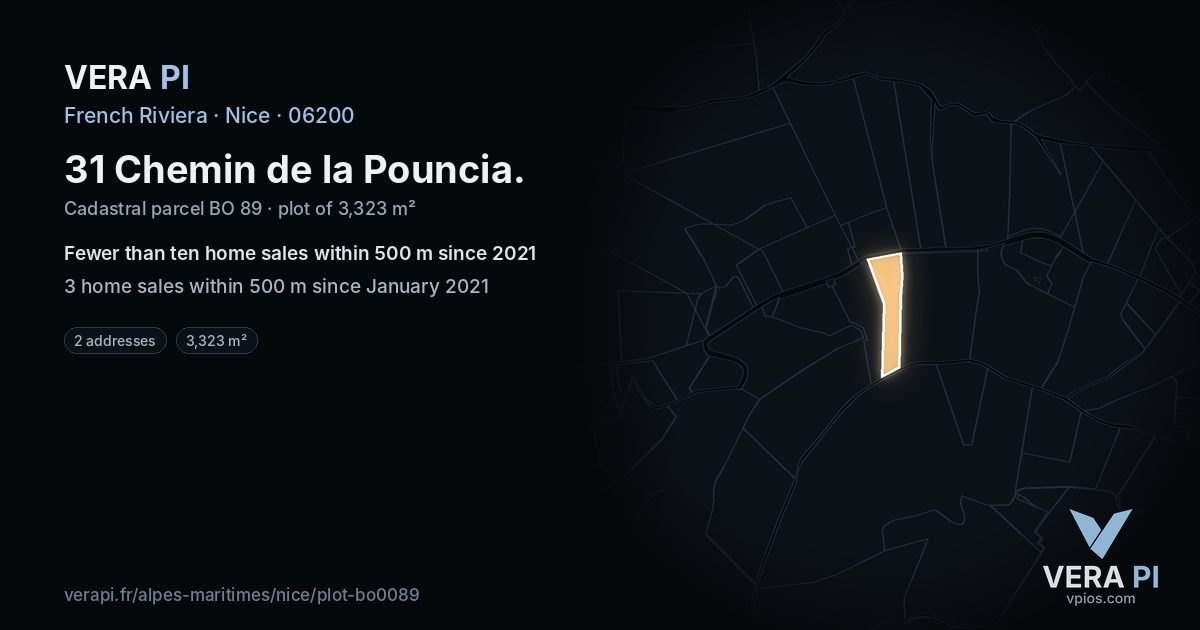 31 Chemin de la Pouncia, Nice at night – the plot lit, the parcels around coloured by the prices near them