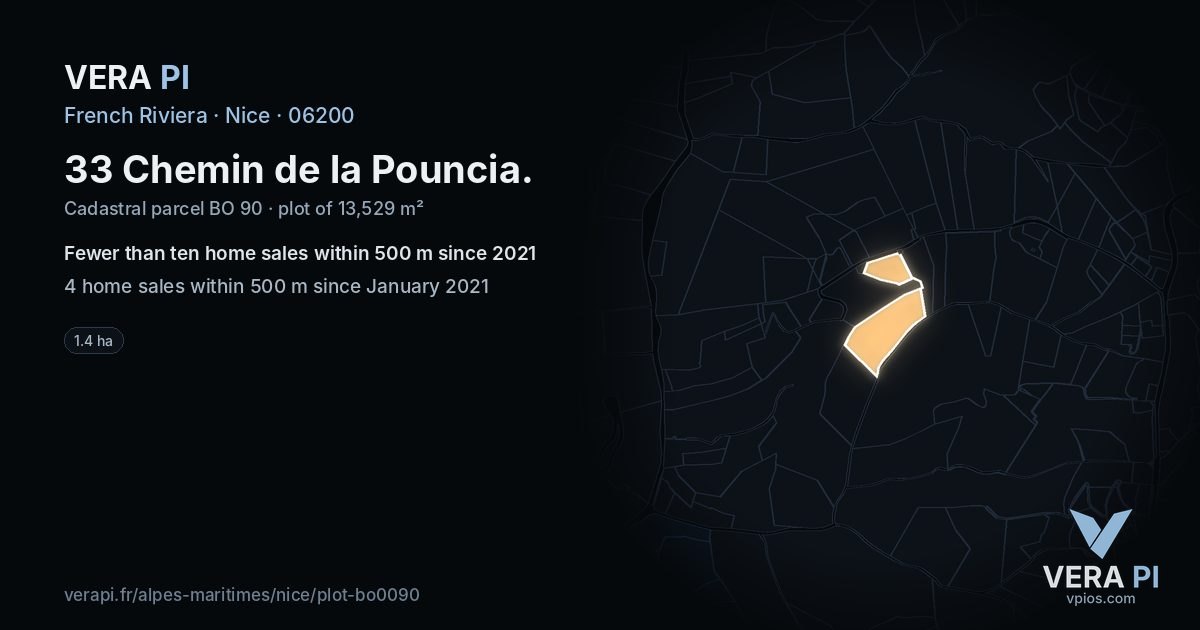33 Chemin de la Pouncia, Nice at night – the plot lit, the parcels around coloured by the prices near them