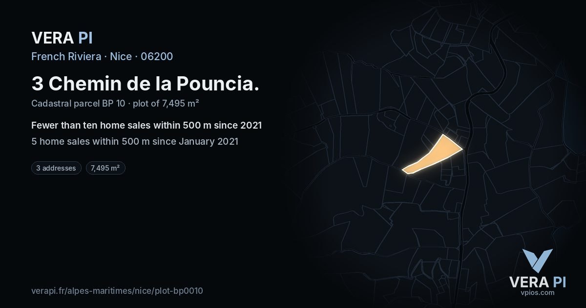 3 Chemin de la Pouncia, Nice at night – the plot lit, the parcels around coloured by the prices near them