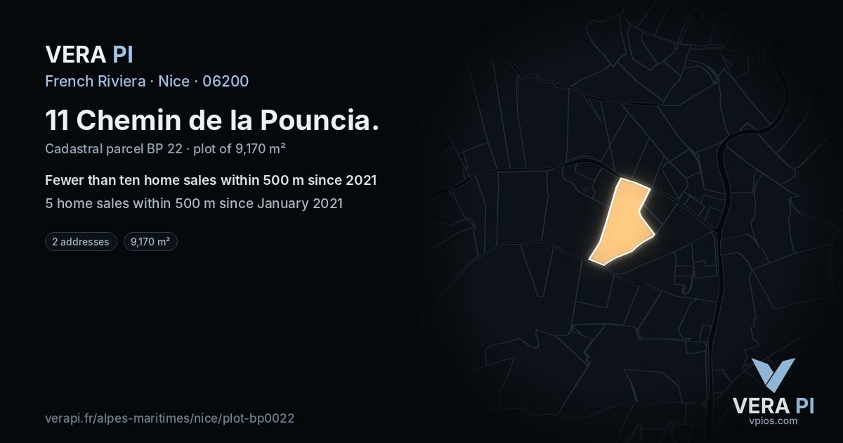 11 Chemin de la Pouncia, Nice at night – the plot lit, the parcels around coloured by the prices near them