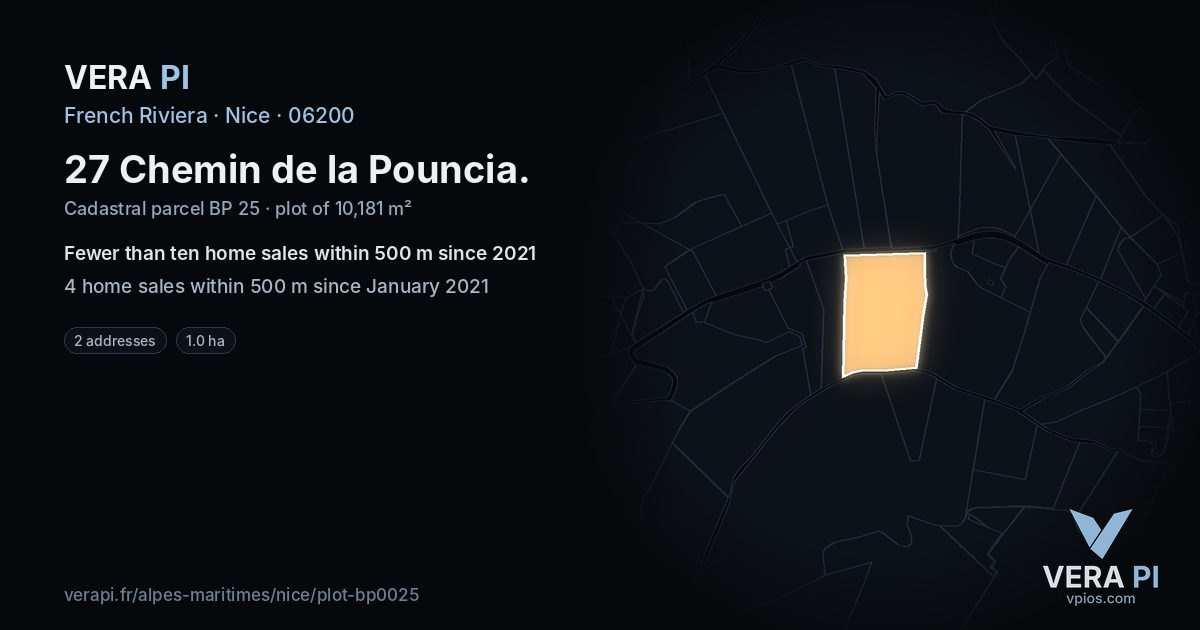 27 Chemin de la Pouncia, Nice at night – the plot lit, the parcels around coloured by the prices near them