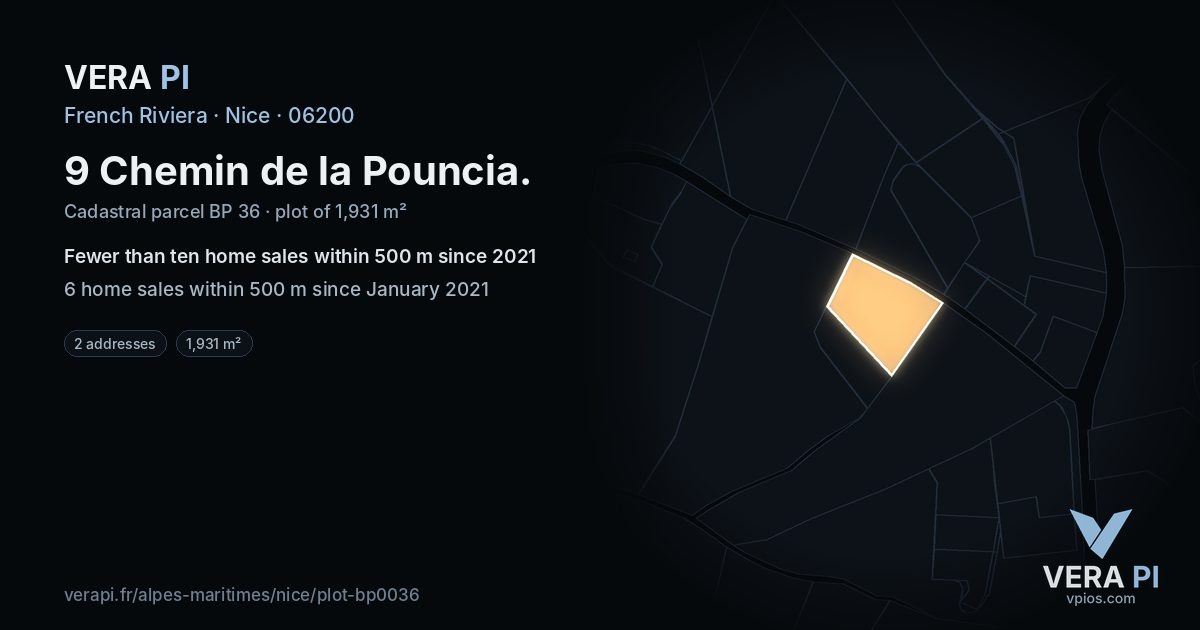 9 Chemin de la Pouncia, Nice at night – the plot lit, the parcels around coloured by the prices near them