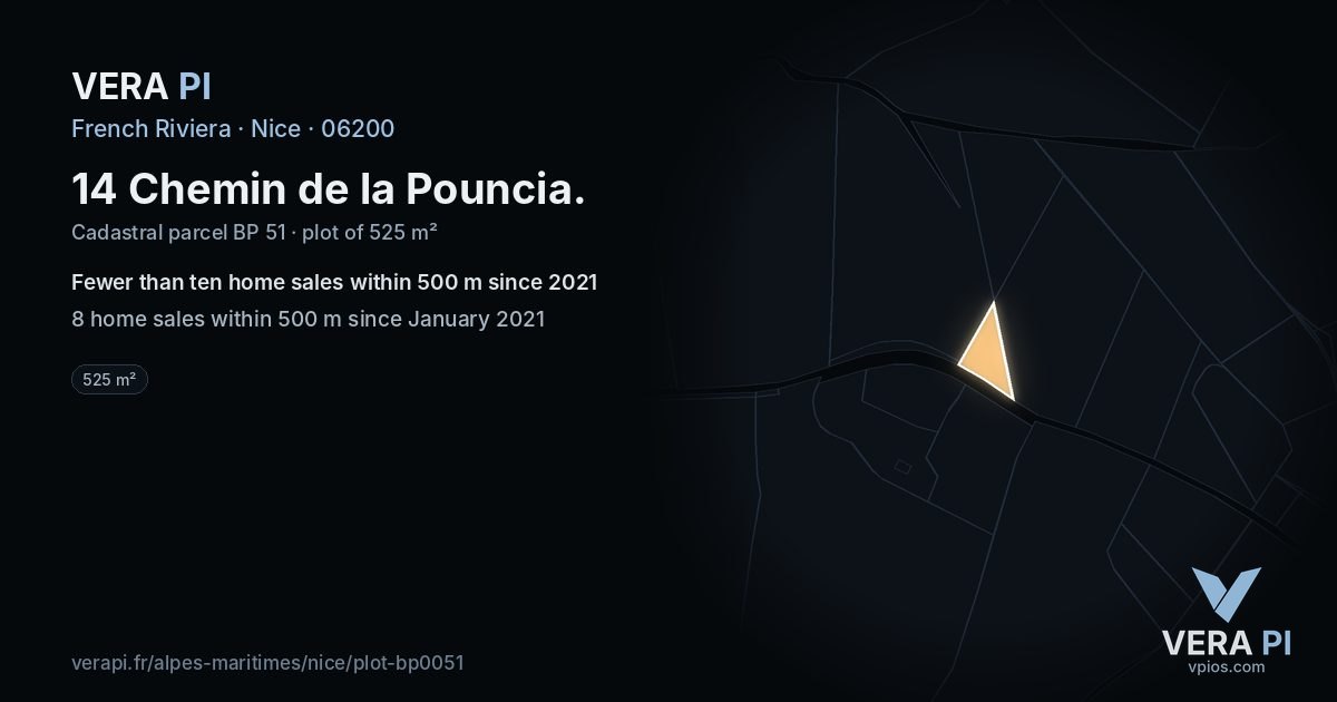 14 Chemin de la Pouncia, Nice at night – the plot lit, the parcels around coloured by the prices near them
