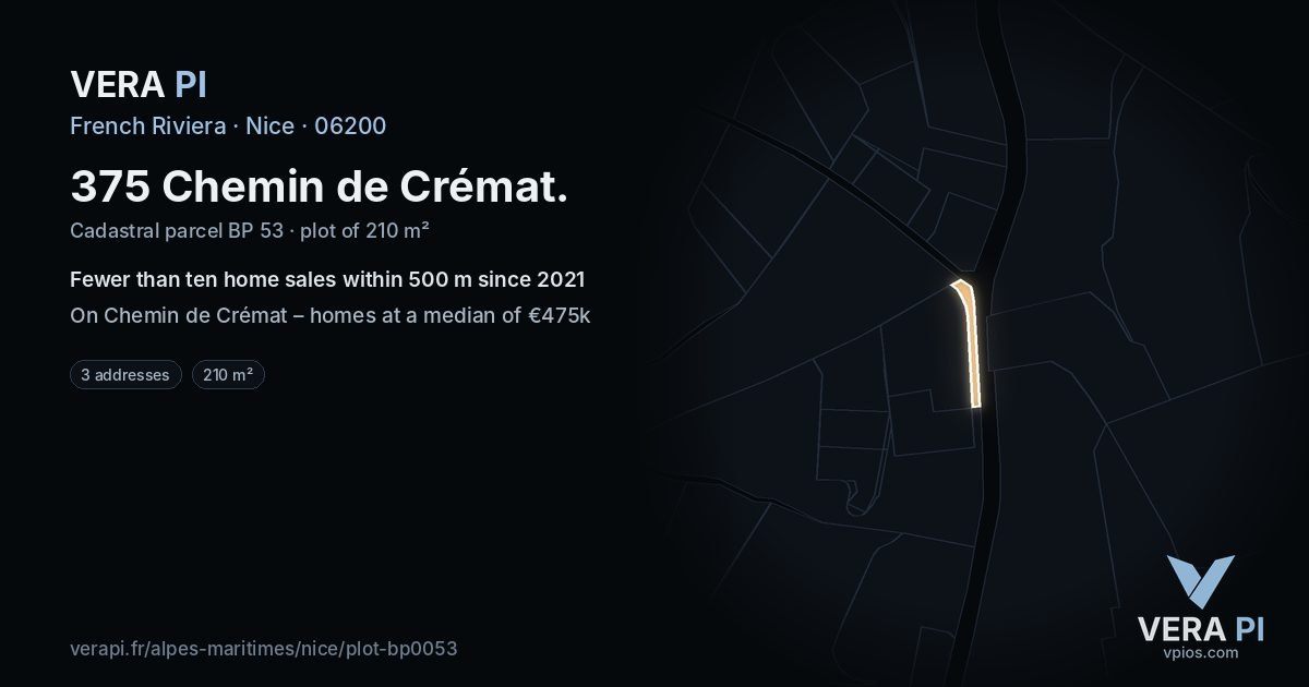 375 Chemin de Crémat, Nice at night – the plot lit, the parcels around coloured by the prices near them