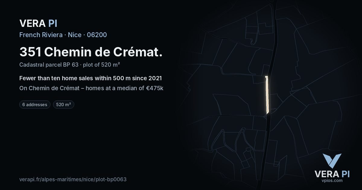 351 Chemin de Crémat, Nice at night – the plot lit, the parcels around coloured by the prices near them