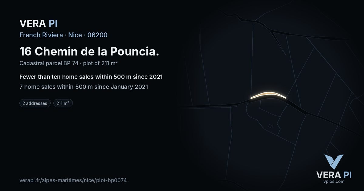 16 Chemin de la Pouncia, Nice at night – the plot lit, the parcels around coloured by the prices near them