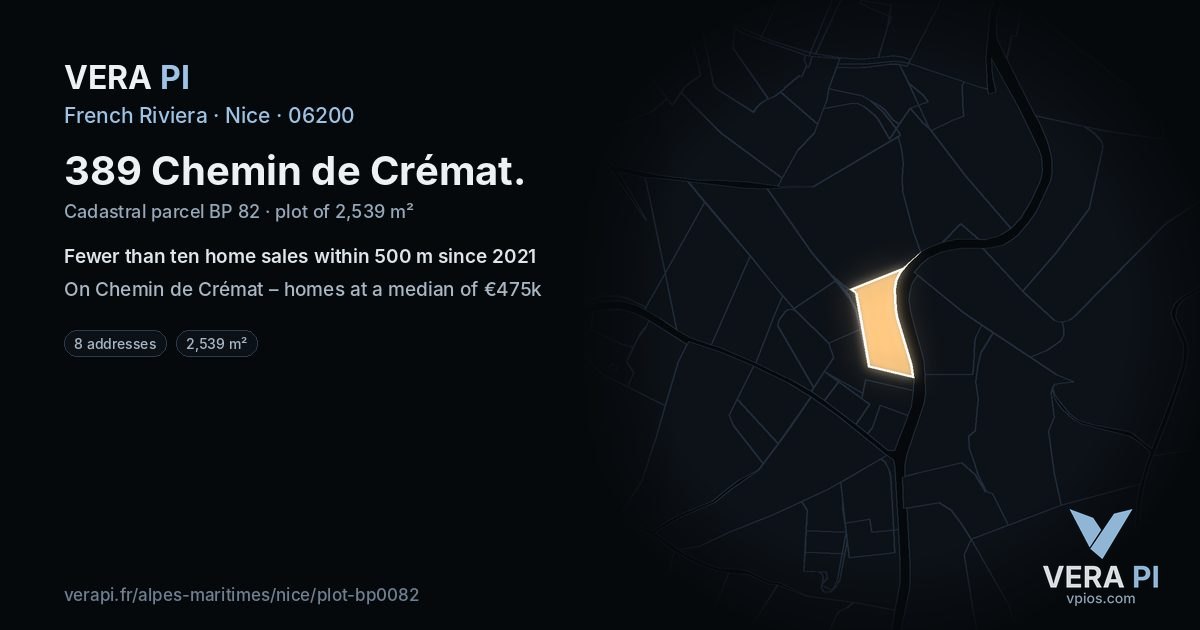 389 Chemin de Crémat, Nice at night – the plot lit, the parcels around coloured by the prices near them