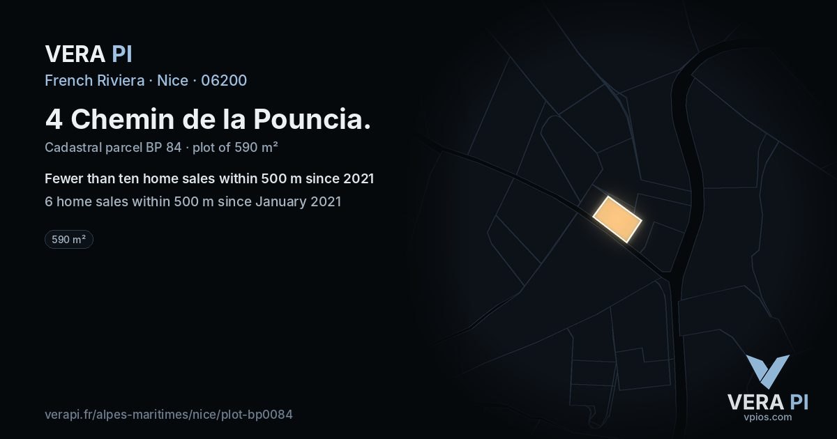 4 Chemin de la Pouncia, Nice at night – the plot lit, the parcels around coloured by the prices near them