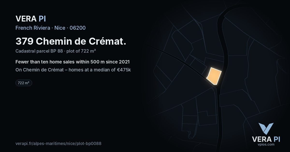 379 Chemin de Crémat, Nice at night – the plot lit, the parcels around coloured by the prices near them