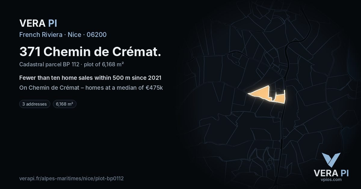 371 Chemin de Crémat, Nice at night – the plot lit, the parcels around coloured by the prices near them