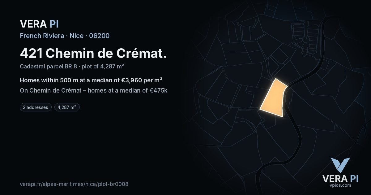 421 Chemin de Crémat, Nice at night – the plot lit, the parcels around coloured by the prices near them