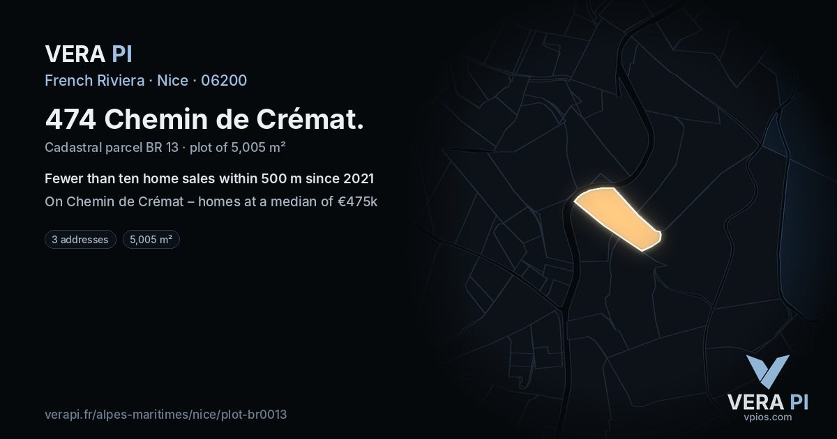 474 Chemin de Crémat, Nice at night – the plot lit, the parcels around coloured by the prices near them