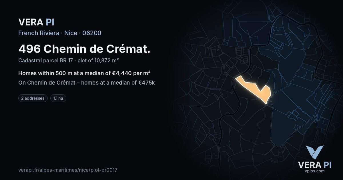 496 Chemin de Crémat, Nice at night – the plot lit, the parcels around coloured by the prices near them