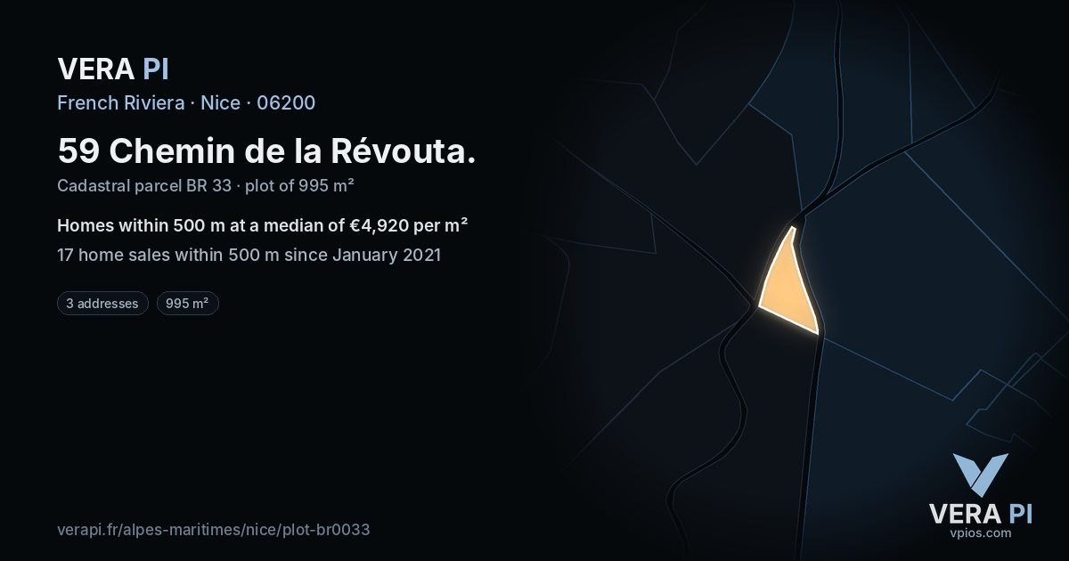 59 Chemin de la Révouta, Nice at night – the plot lit, the parcels around coloured by the prices near them
