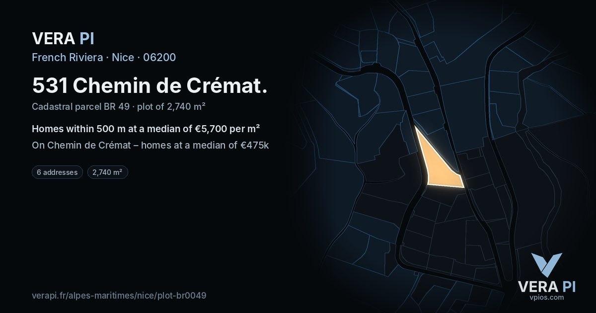 531 Chemin de Crémat, Nice at night – the plot lit, the parcels around coloured by the prices near them