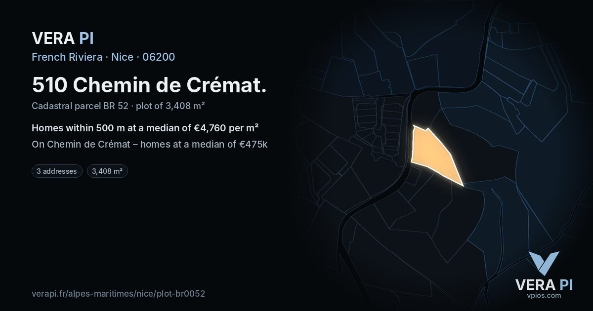 510 Chemin de Crémat, Nice at night – the plot lit, the parcels around coloured by the prices near them