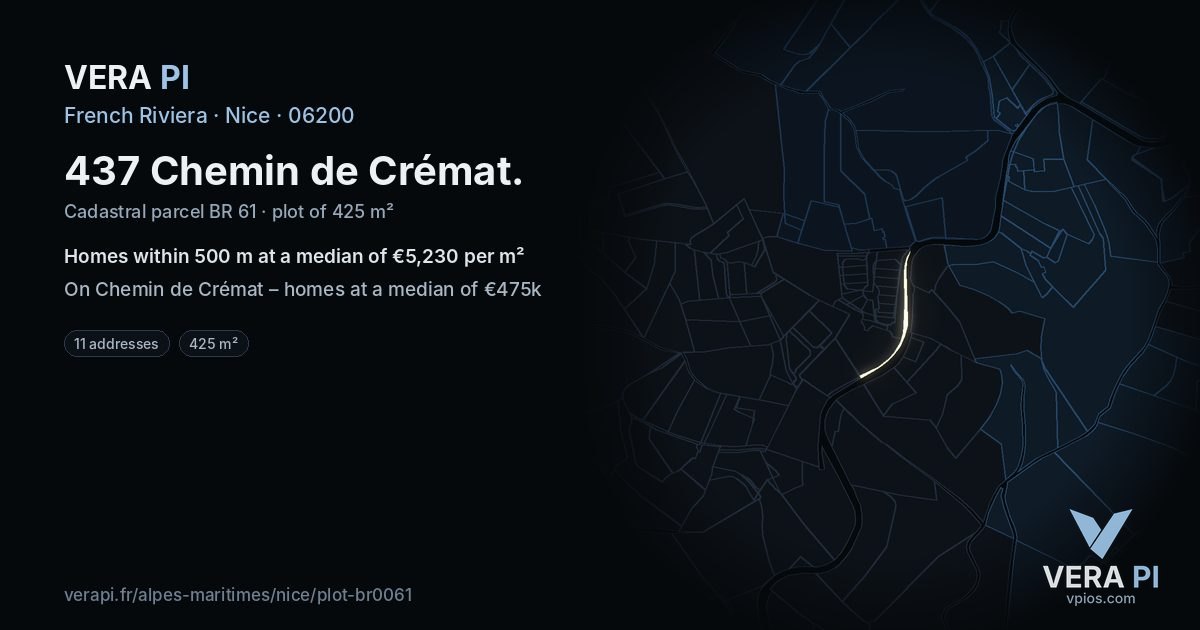 437 Chemin de Crémat, Nice at night – the plot lit, the parcels around coloured by the prices near them