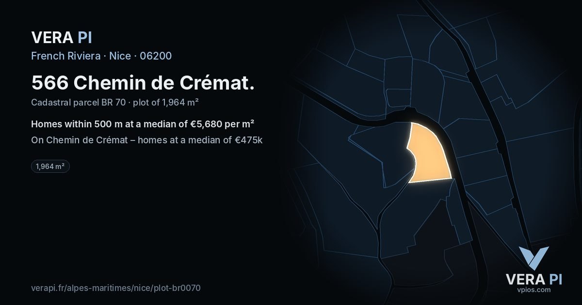 566 Chemin de Crémat, Nice at night – the plot lit, the parcels around coloured by the prices near them