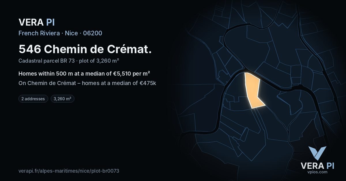 546 Chemin de Crémat, Nice at night – the plot lit, the parcels around coloured by the prices near them