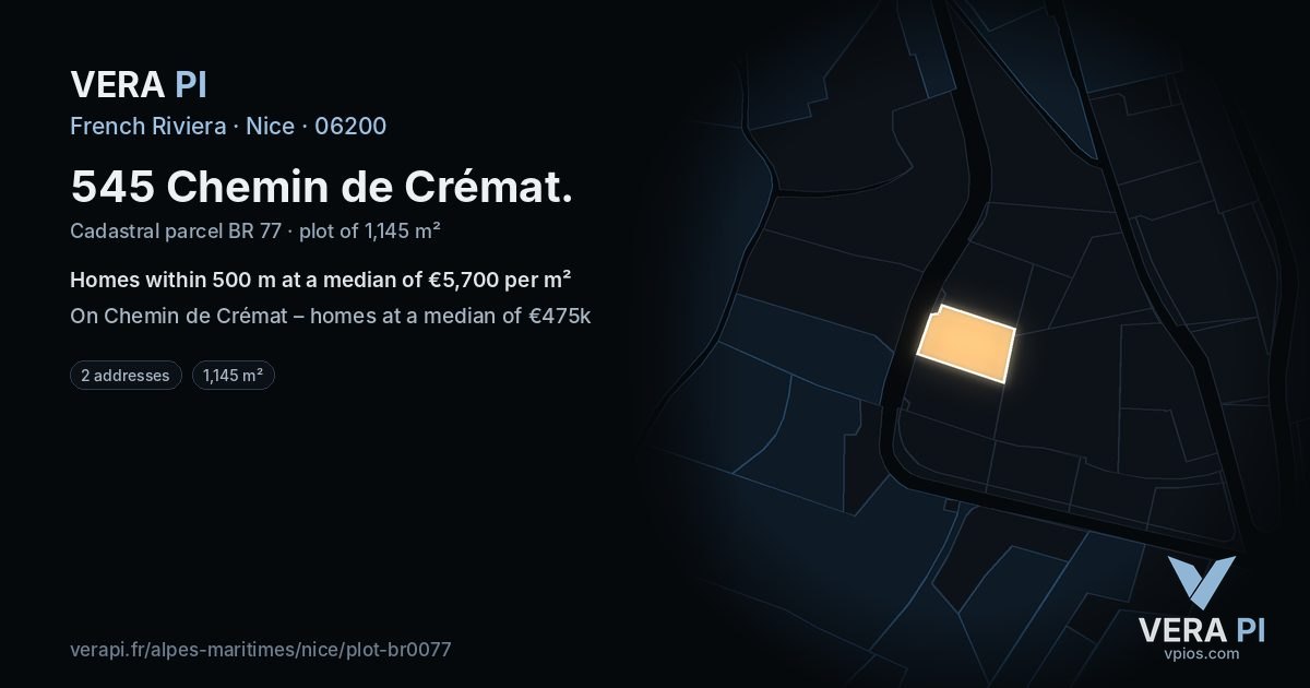 545 Chemin de Crémat, Nice at night – the plot lit, the parcels around coloured by the prices near them