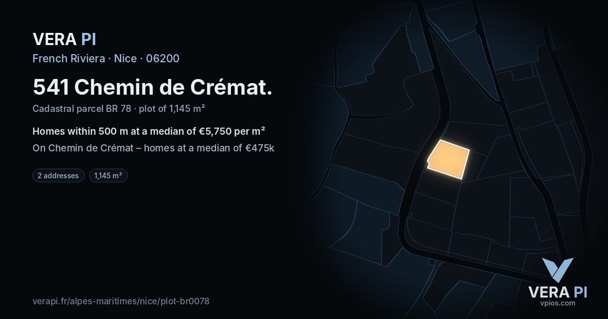 541 Chemin de Crémat, Nice at night – the plot lit, the parcels around coloured by the prices near them