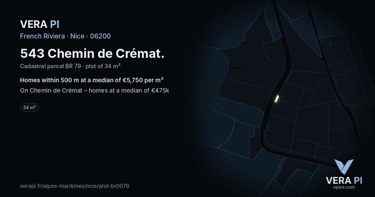 543 Chemin de Crémat, Nice at night – the plot lit, the parcels around coloured by the prices near them