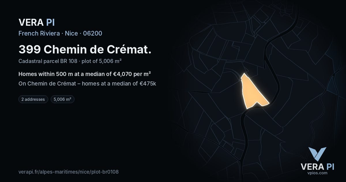 399 Chemin de Crémat, Nice at night – the plot lit, the parcels around coloured by the prices near them