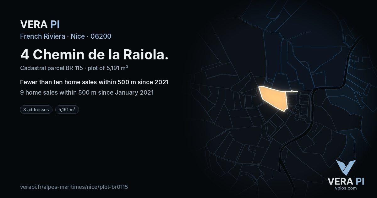 4 Chemin de la Raiola, Nice at night – the plot lit, the parcels around coloured by the prices near them