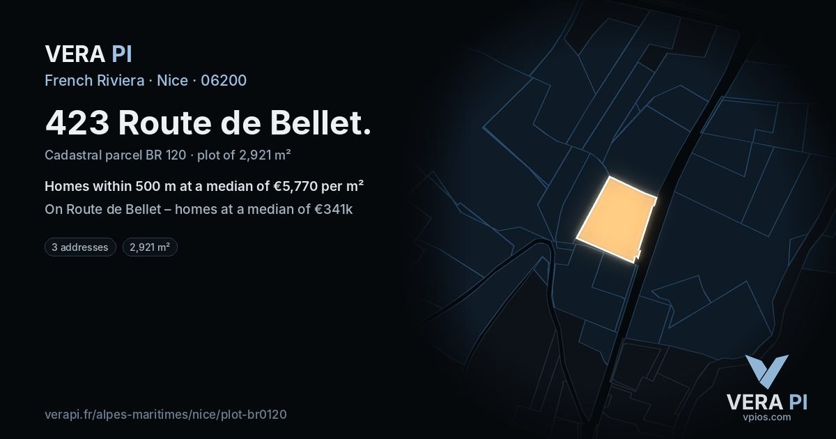 423 Route de Bellet, Nice at night – the plot lit, the parcels around coloured by the prices near them