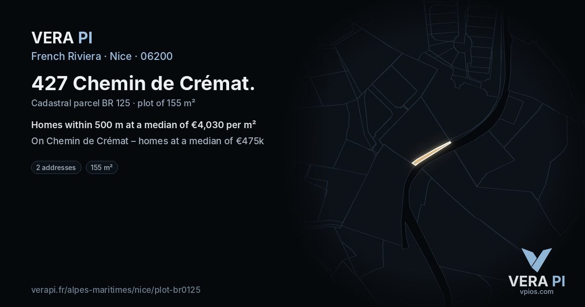 427 Chemin de Crémat, Nice at night – the plot lit, the parcels around coloured by the prices near them