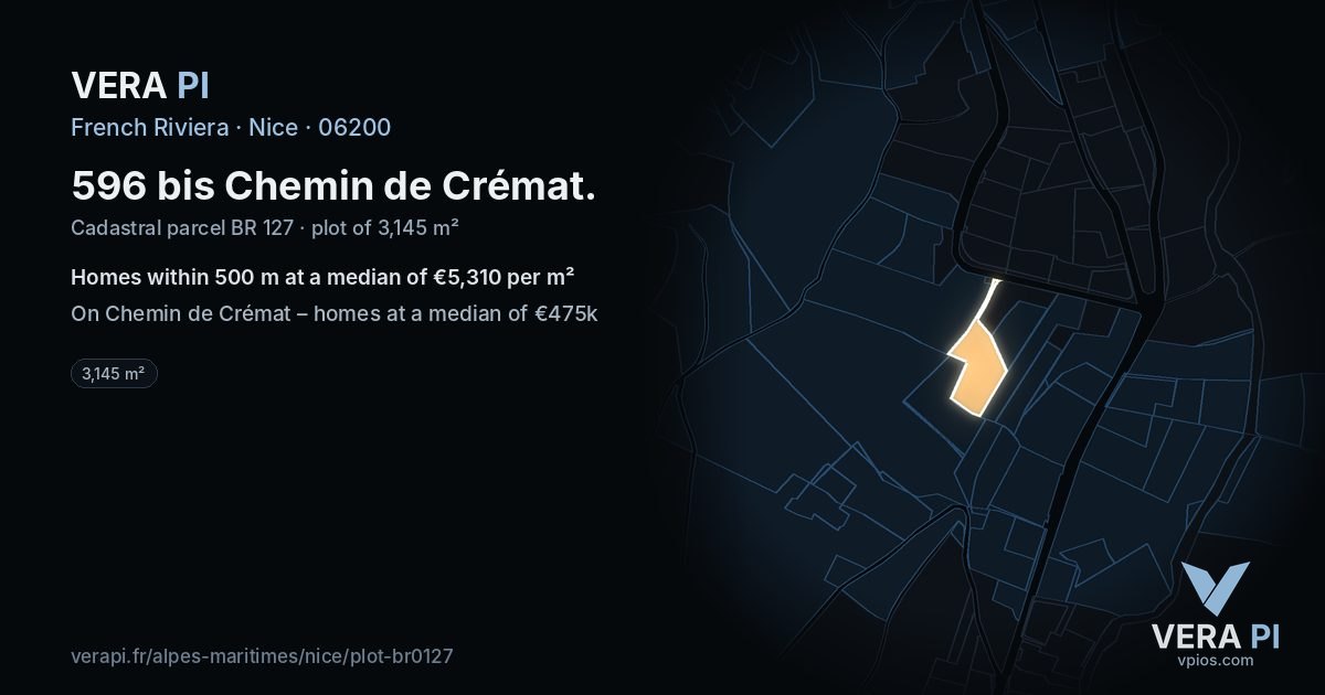 596 bis Chemin de Crémat, Nice at night – the plot lit, the parcels around coloured by the prices near them