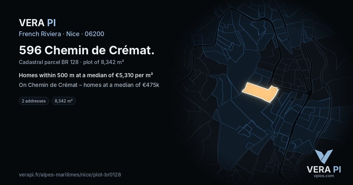 596 Chemin de Crémat, Nice at night – the plot lit, the parcels around coloured by the prices near them