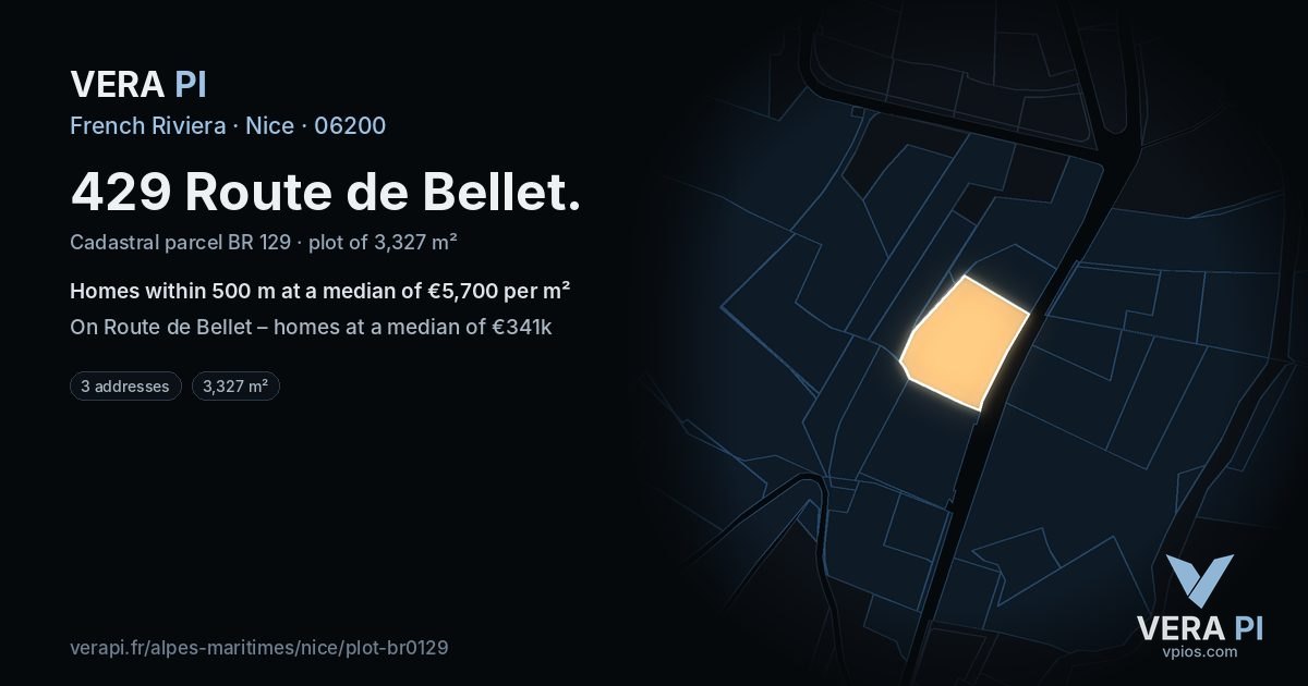 429 Route de Bellet, Nice at night – the plot lit, the parcels around coloured by the prices near them