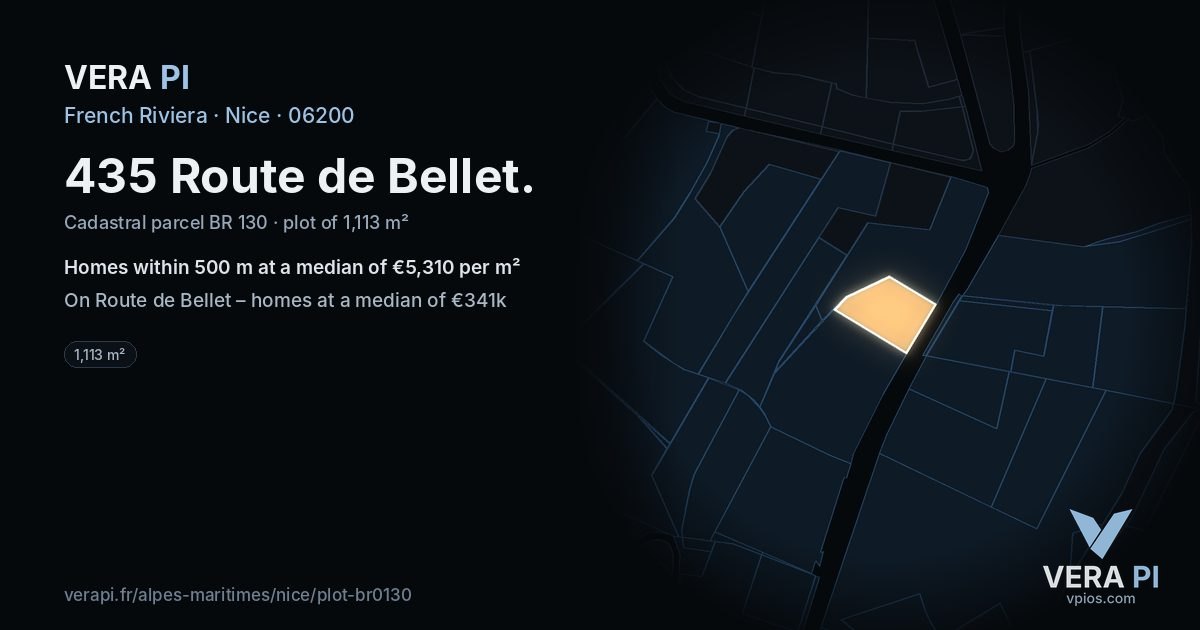 435 Route de Bellet, Nice at night – the plot lit, the parcels around coloured by the prices near them