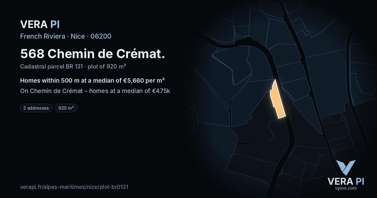568 Chemin de Crémat, Nice at night – the plot lit, the parcels around coloured by the prices near them