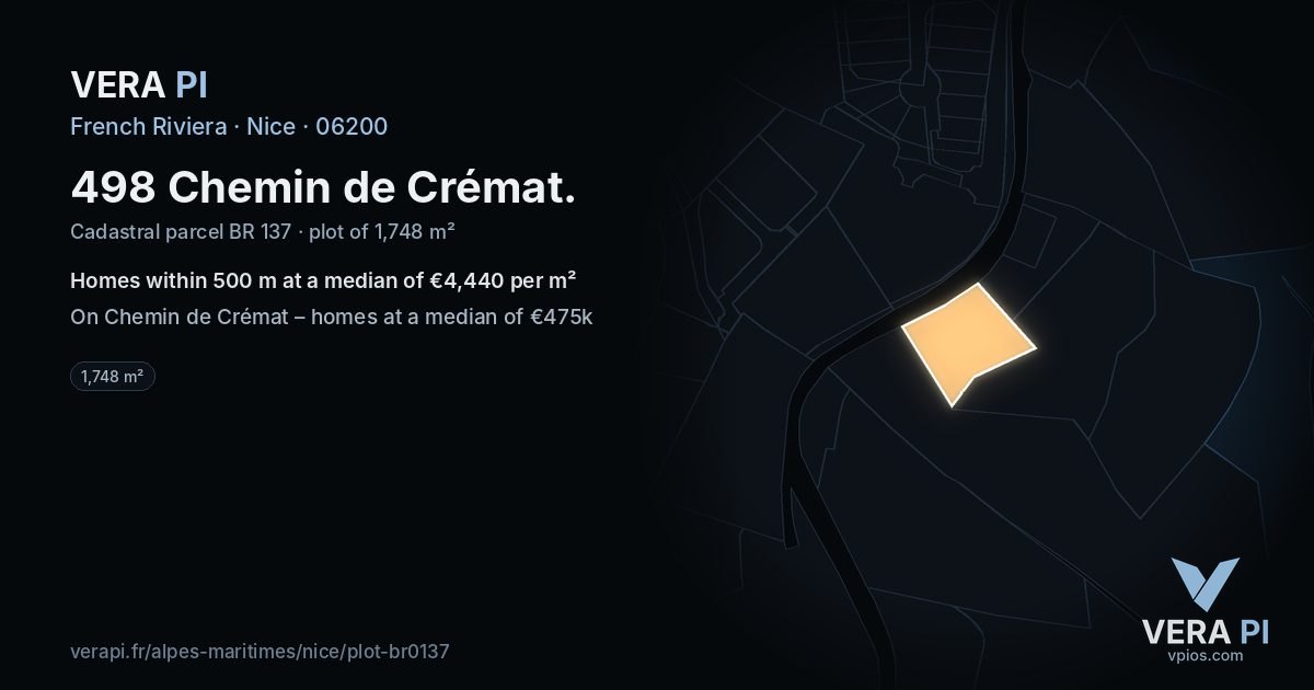 498 Chemin de Crémat, Nice at night – the plot lit, the parcels around coloured by the prices near them