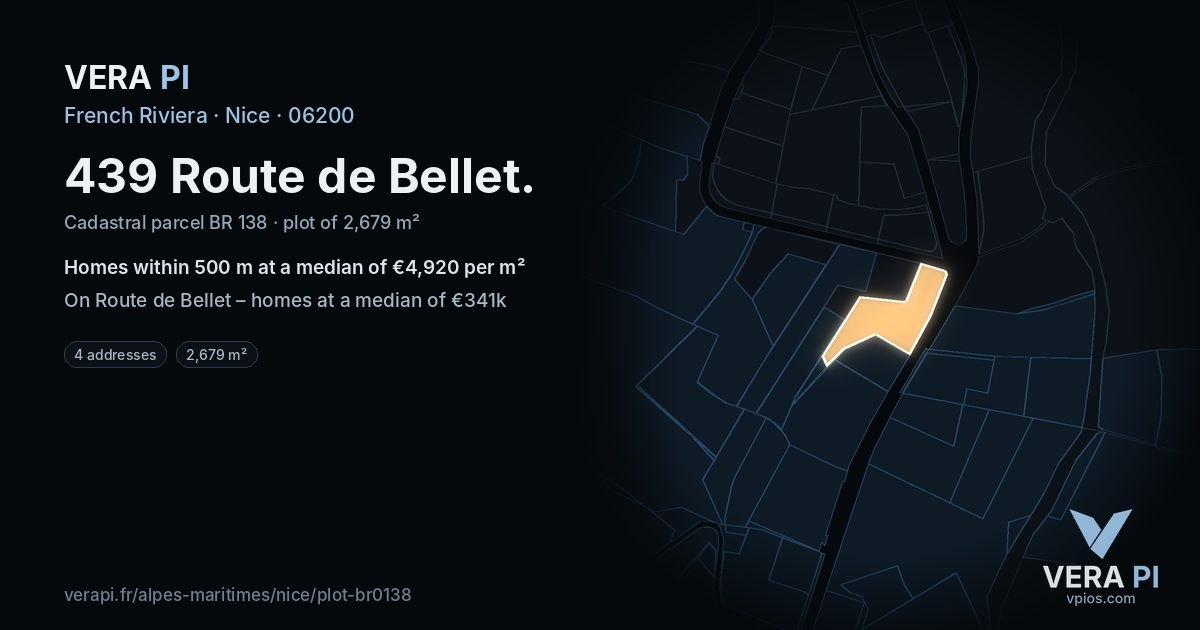 439 Route de Bellet, Nice at night – the plot lit, the parcels around coloured by the prices near them