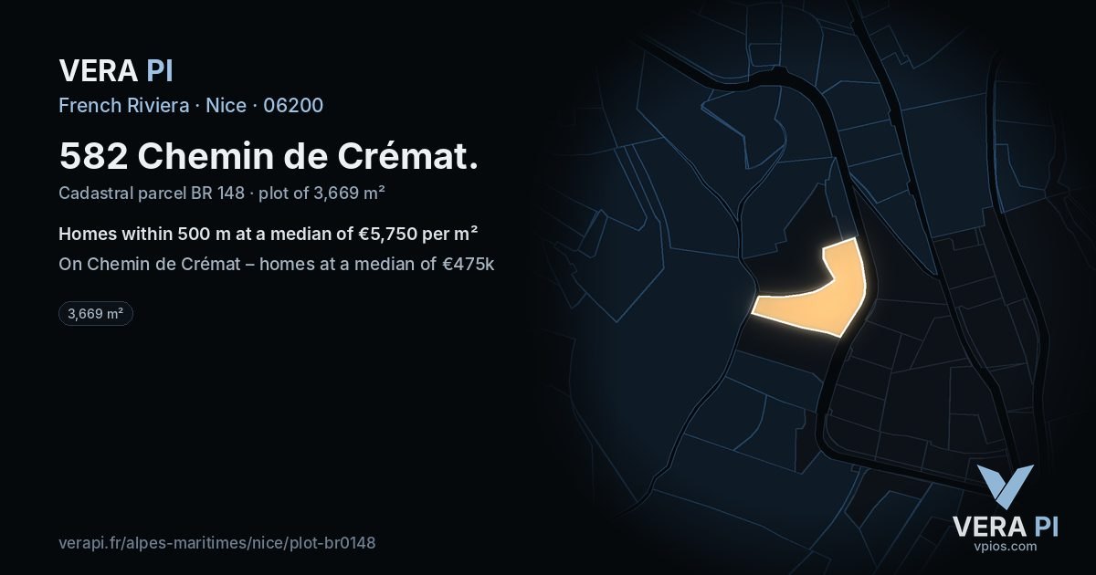 582 Chemin de Crémat, Nice at night – the plot lit, the parcels around coloured by the prices near them