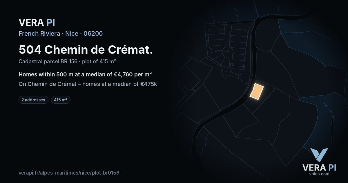 504 Chemin de Crémat, Nice at night – the plot lit, the parcels around coloured by the prices near them