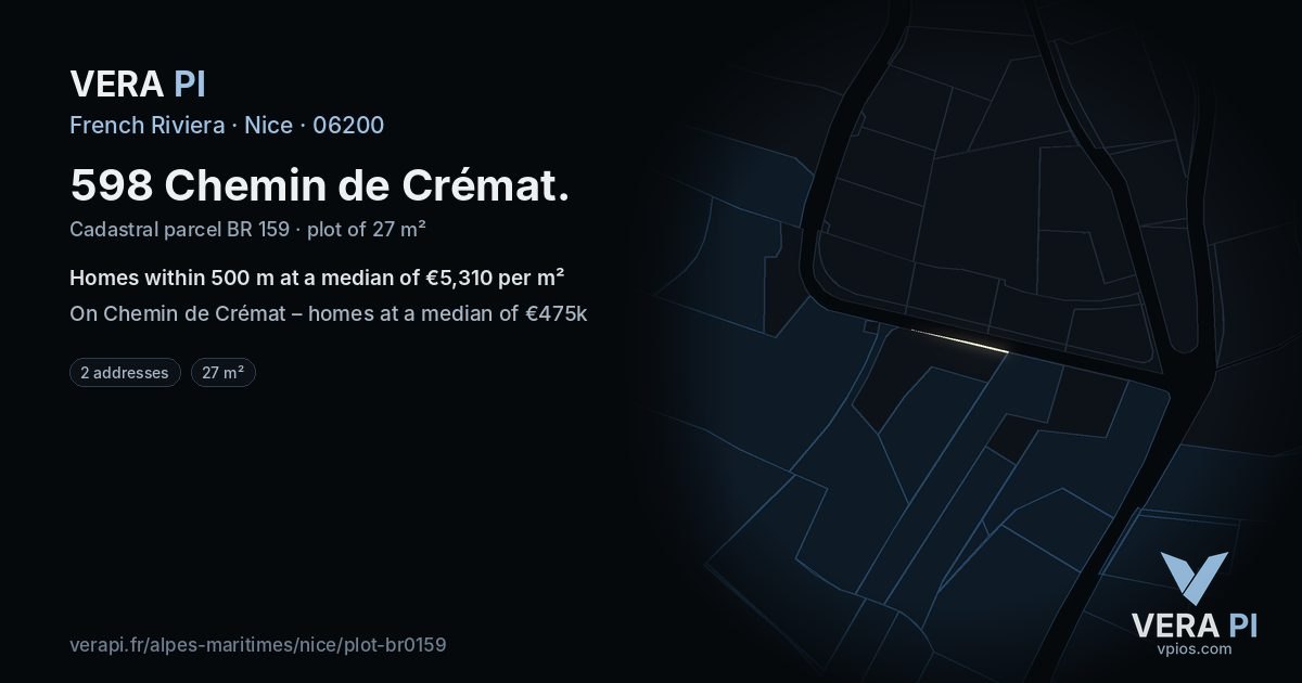 598 Chemin de Crémat, Nice at night – the plot lit, the parcels around coloured by the prices near them