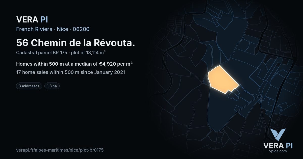 56 Chemin de la Révouta, Nice at night – the plot lit, the parcels around coloured by the prices near them