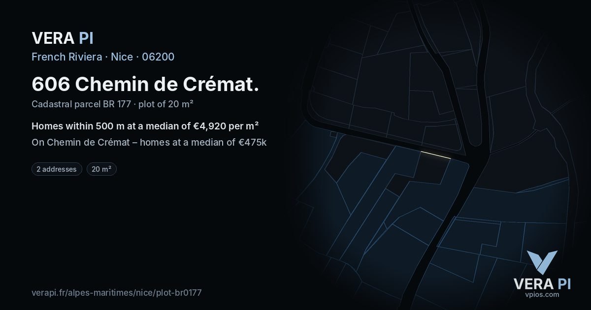 606 Chemin de Crémat, Nice at night – the plot lit, the parcels around coloured by the prices near them