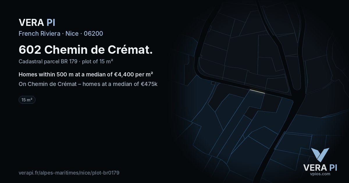 602 Chemin de Crémat, Nice at night – the plot lit, the parcels around coloured by the prices near them