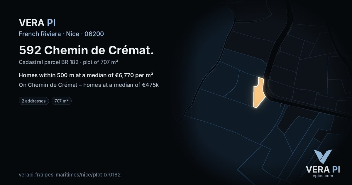 592 Chemin de Crémat, Nice at night – the plot lit, the parcels around coloured by the prices near them